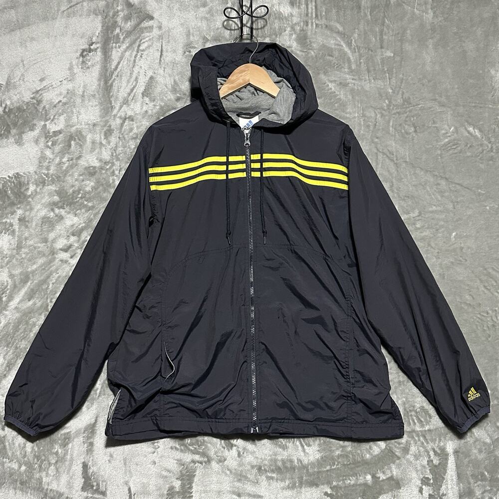 Vintage Adidas Track Jacket Mens Size‎ L Gray Stripes Hooded Full Zip Lined EUC